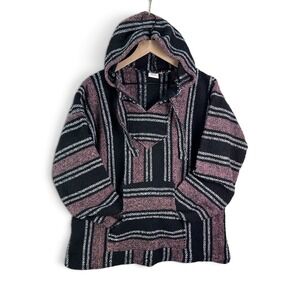 Baja Hoodie Men Large Pink Black Striped Mexican Drug Rug Pullover Poncho